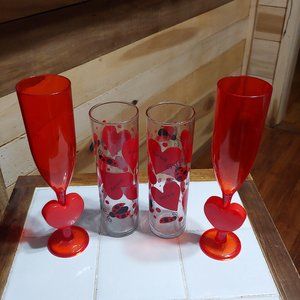 Valentines plastic champagne glasses and glass shot glasses